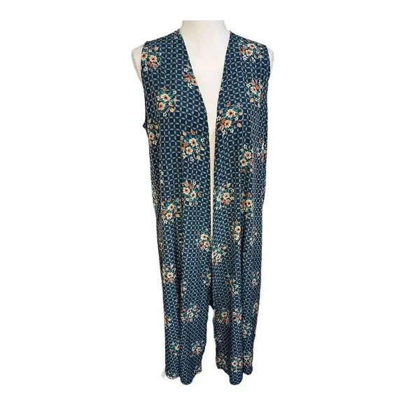 Lularoe Women’s Medium Joy Teal Floral Sleeveless Lightweight Tunic Vest - Picture 1 of 4